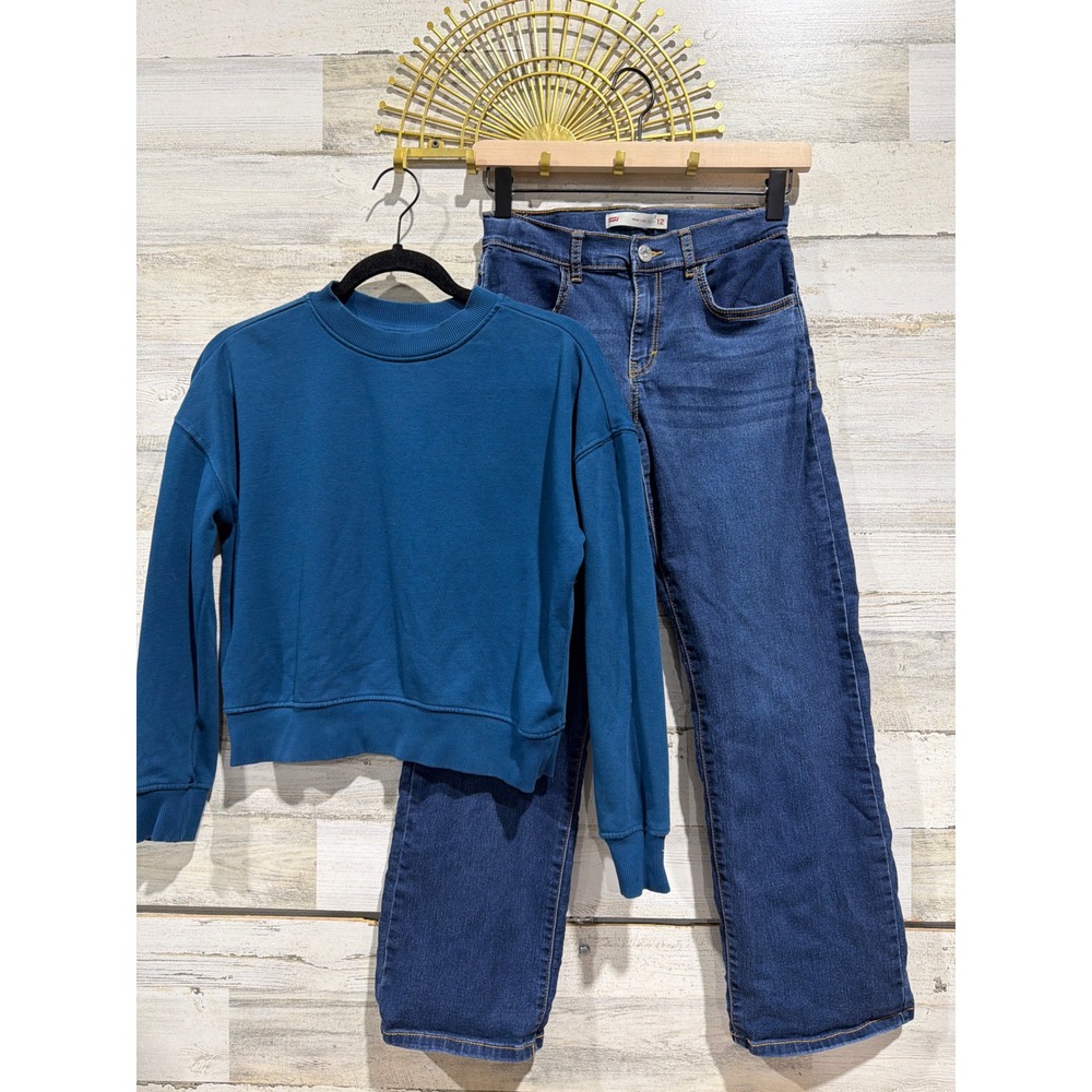 FRANKI Levi's Sweatshirt Jeans Outfit Girls 12 Blue Wide Leg Skater EUC